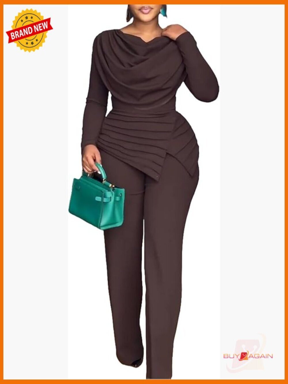 Women's Long Sleeve Dressy Jumpsuit with Cowl Neck and Asymmetrical Hem